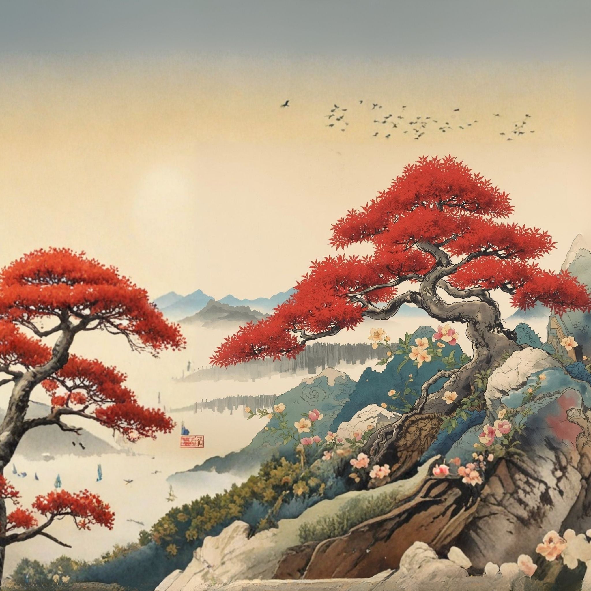 Carnet de voyage A6 "Cimes Vermillon du Levant" vu de face et de dos. Papeterie d'inspiration asiatique illustrant un paysage de montagnes brumeuses et d'arbres rouges vifs.