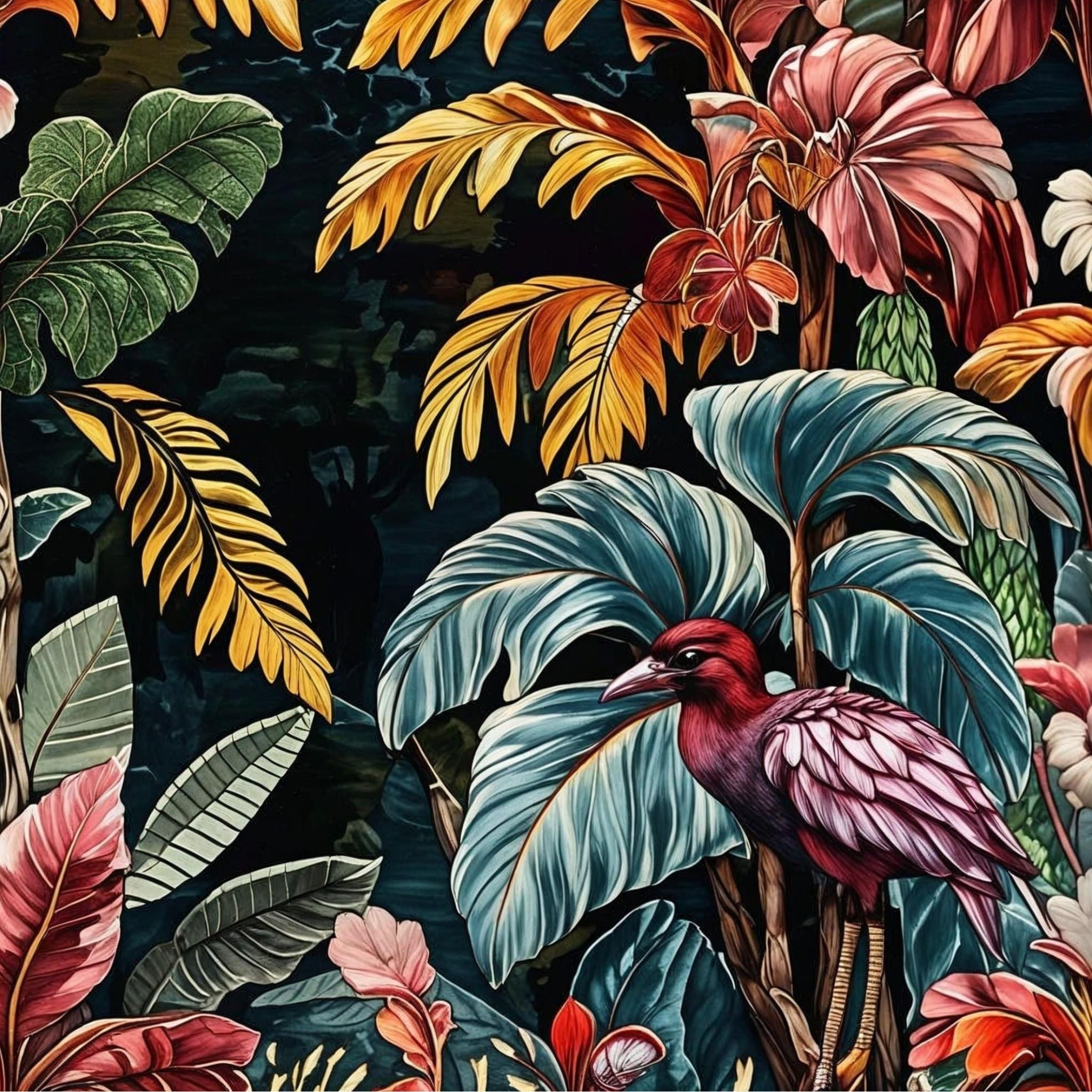 Carnet de notes A6 fait main "Jungle de Velours", montrant l'avant et l'arrière avec des illustrations de feuilles tropicales bleu sarcelle et d'un oiseau magenta.