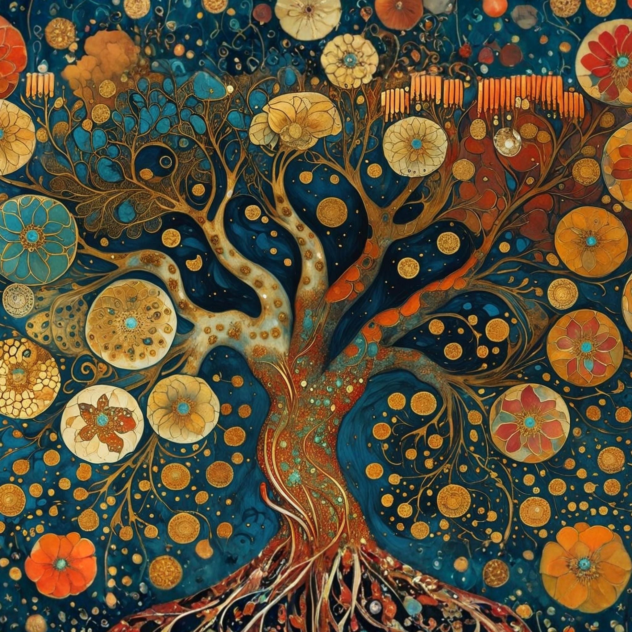 Magnifique carnet de notes A6 fait main. Couverture illustrée 'L’Arbre de Vie aux Corolles d’Or', un design féérique bleu et or par Selene Design. Papeterie artisanale française.