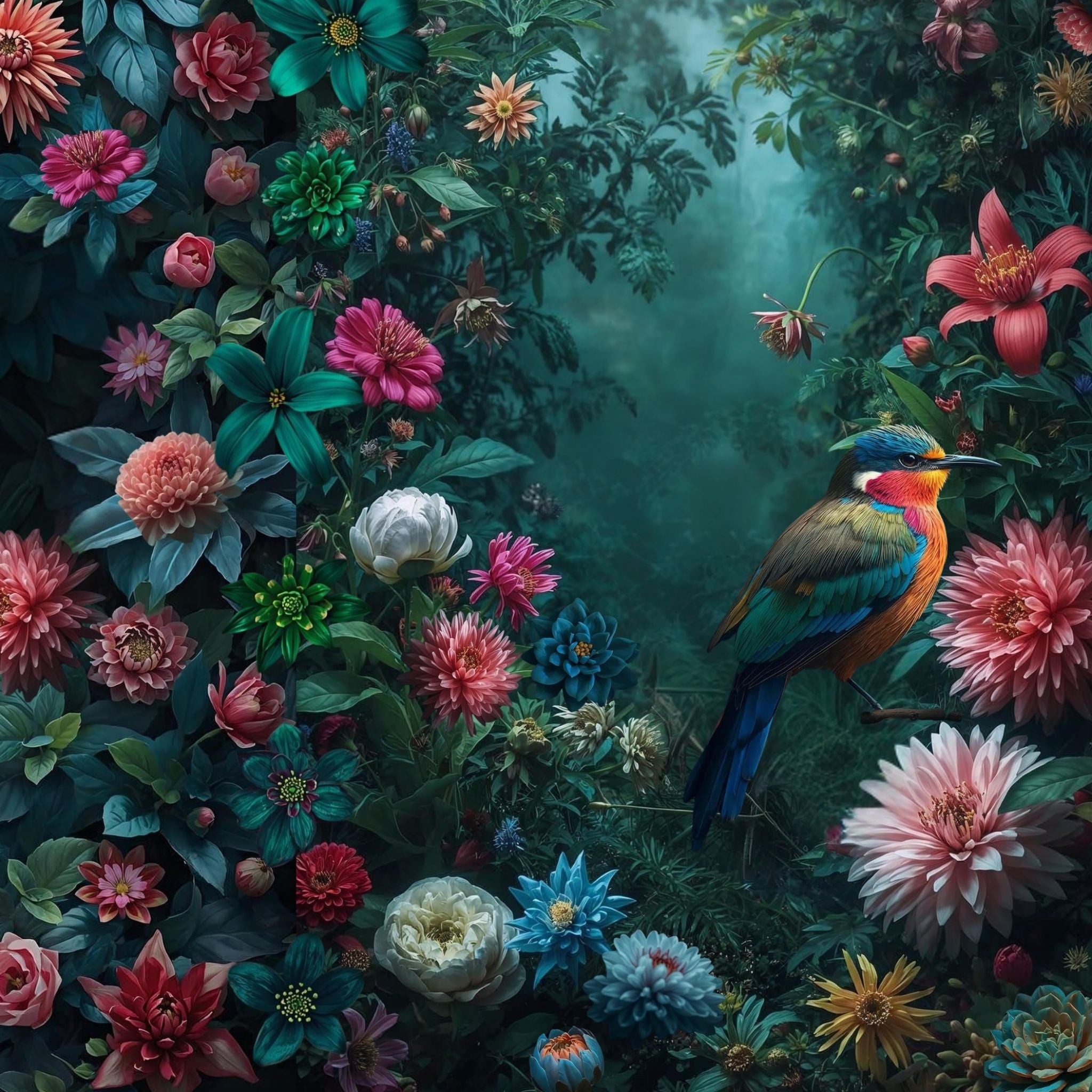 Aperçu complet du design du carnet de notes A6 fait main "L'oiseau et le Jardin Nocturne". Papeterie botanique sombre illustrant un oiseau multicolore perché au cœur d'une végétation dense de fleurs roses, rouges et bleues sur fond bleu nuit.