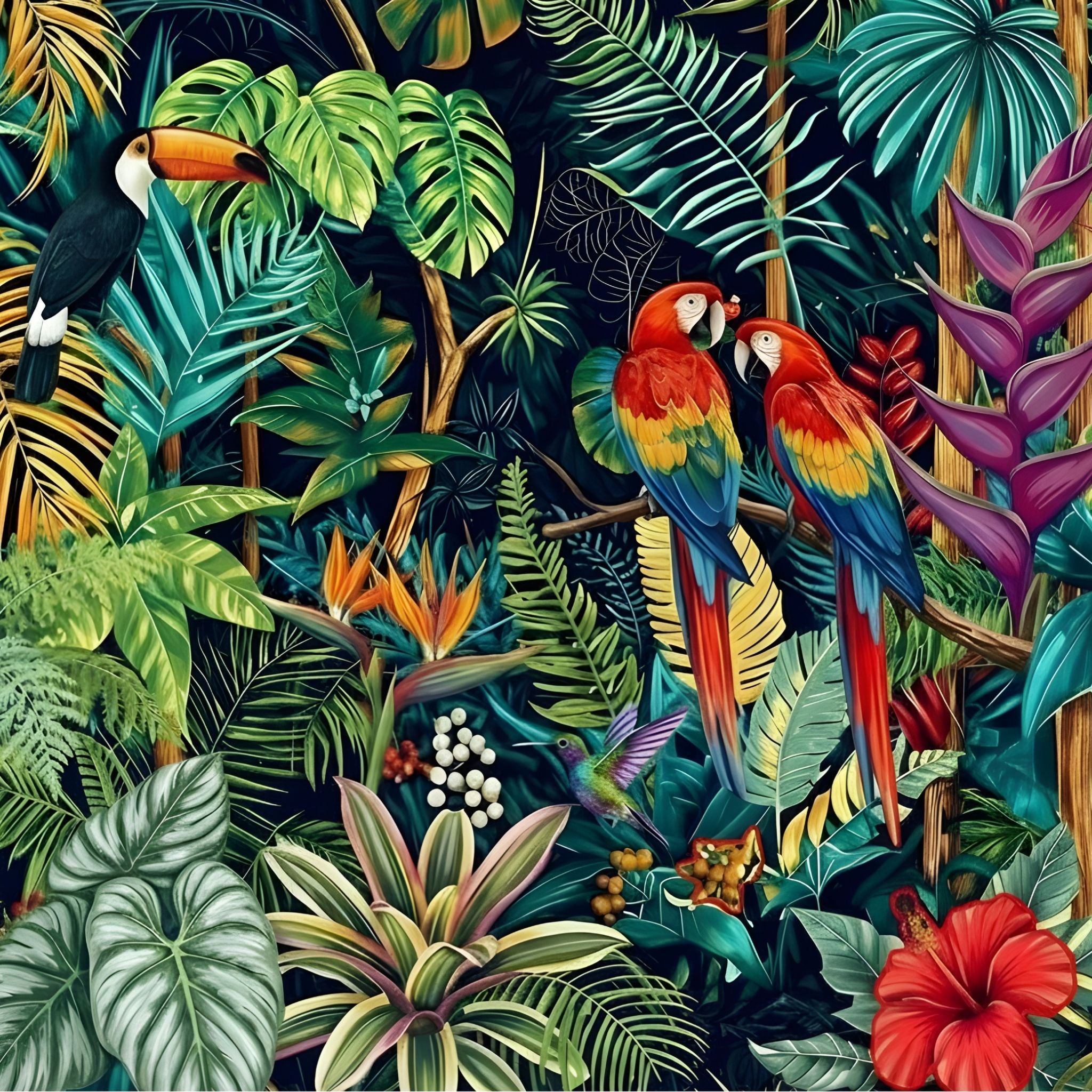 Aperçu complet du design du carnet de notes A6 "Maximalisme Tropical". Illustration vibrante et chargée d'énergie représentant un entrelacs de feuillages vert émeraude, de frondes de palmiers jaunes, d'hibiscus rouges et d'oiseaux exotiques.